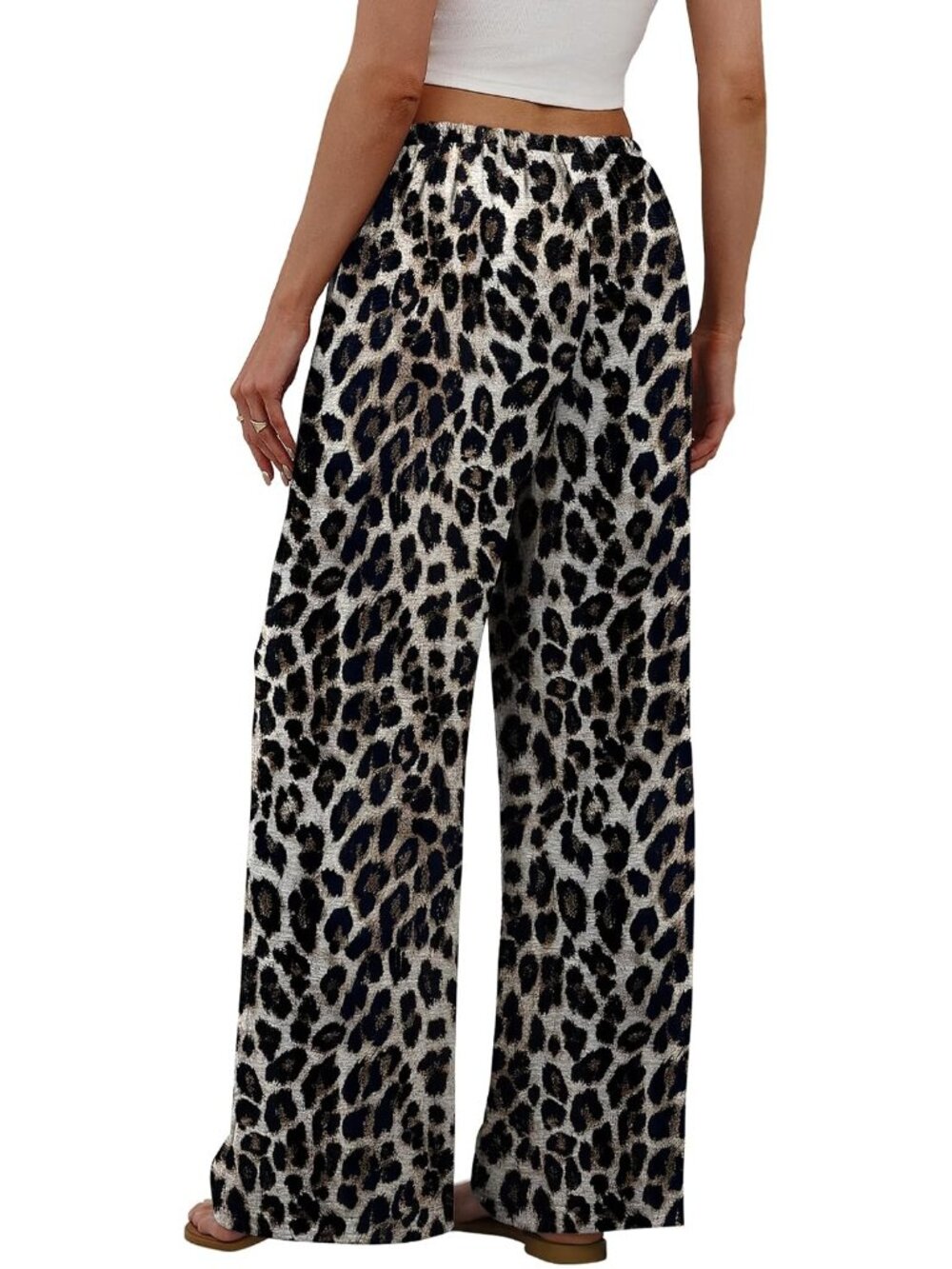 Women's Leopard Flowy Elastic Waist Trousers with Pockets Summer Leg Pants - Picture 5 of 5